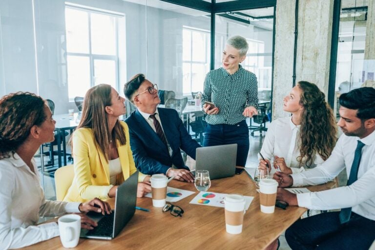 Consultores de RH apresentando soluções de gestão de pessoas para gestores de uma empresa